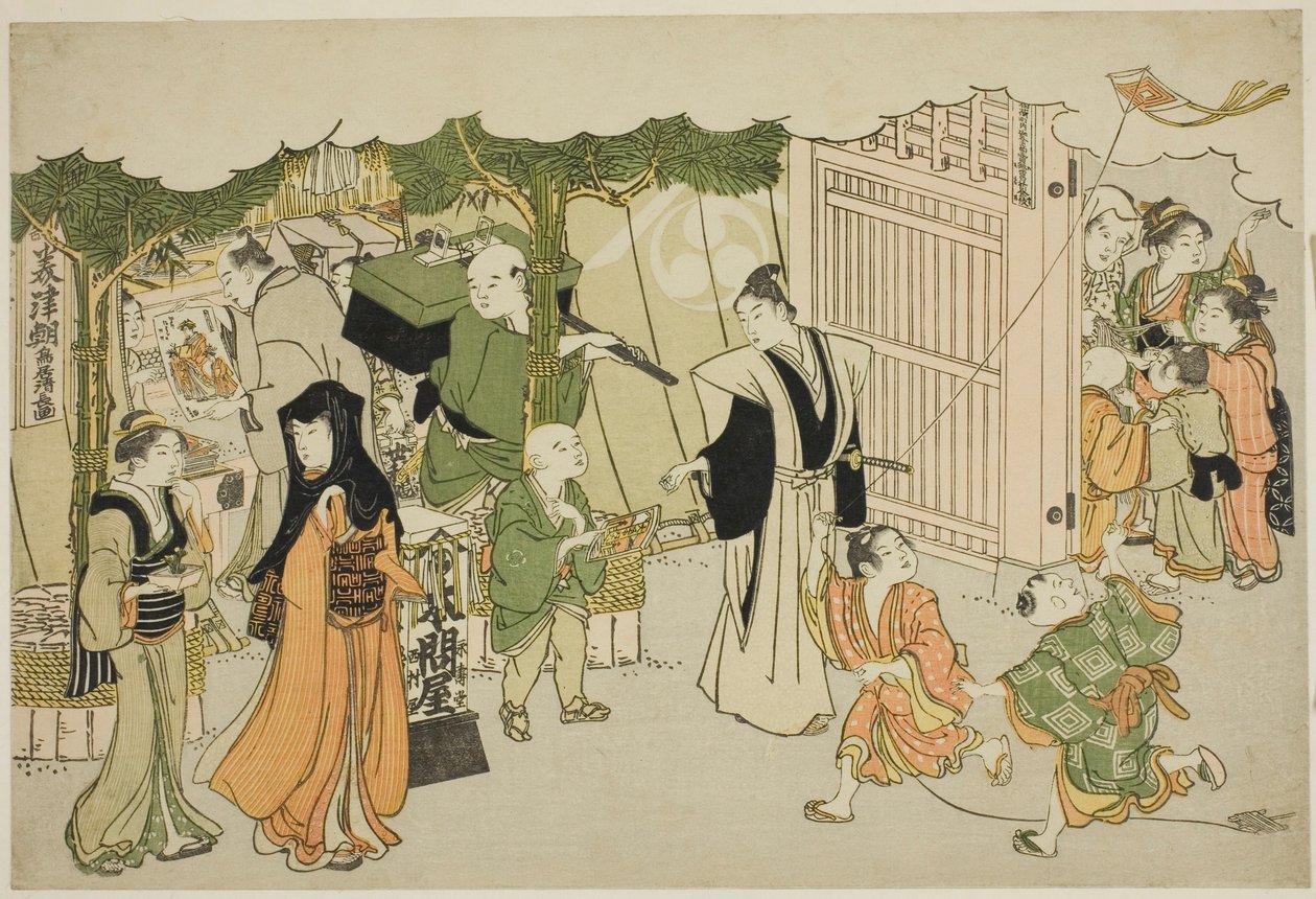 Ensimmäinen työpäivä (Akinai hajime), kuvitetusta kirjasta "Kolmijan aamunkoiton värit (Saishiki mitsu no asa)" tekijältä Torii Kiyonaga
