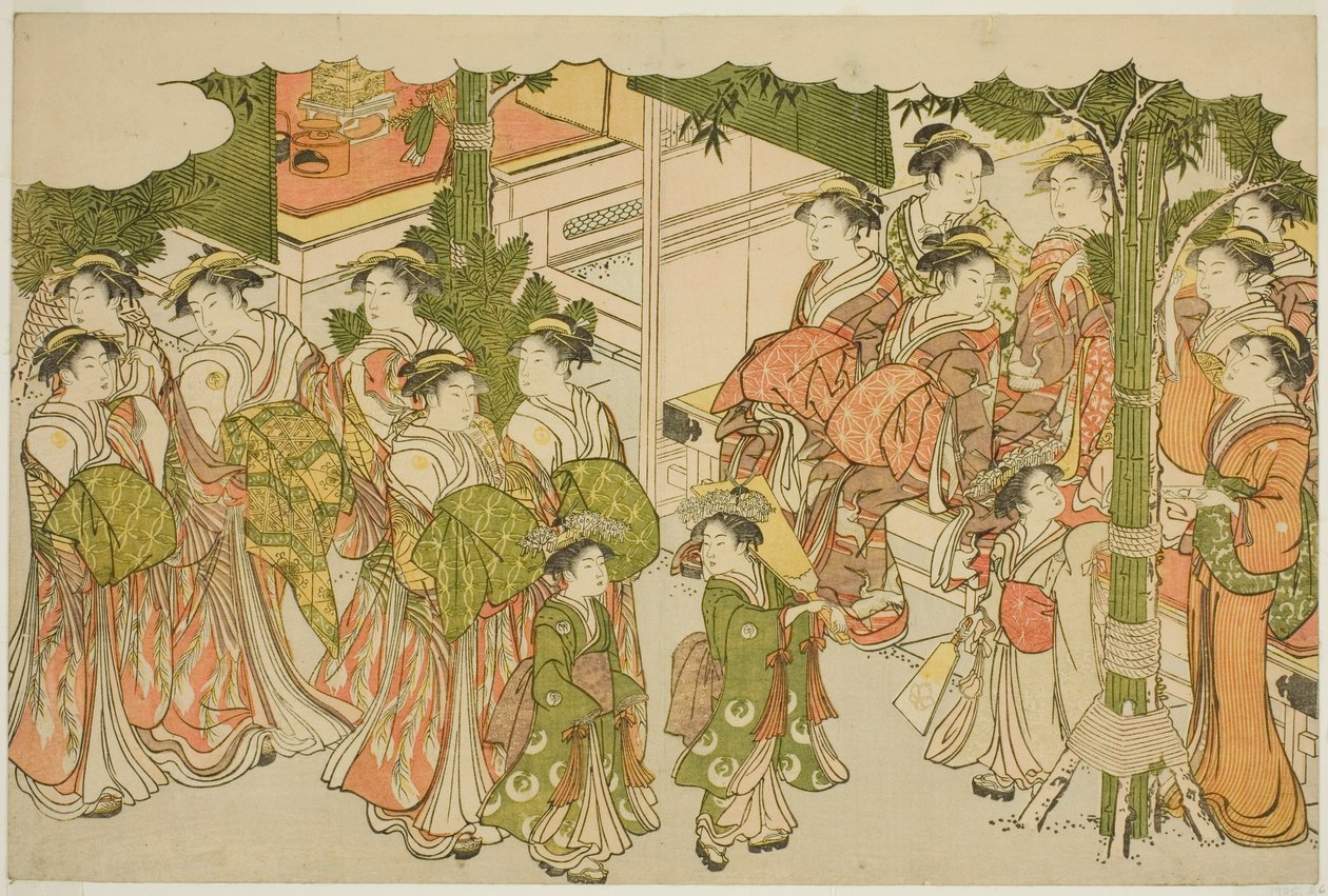 Uuden vuoden ensimmäiset vaatteet (Kiso hajime), kuvitetusta kirjasta "Kolmioaamunkoiton värit (Saishiki mitsu no asa)" tekijältä Torii Kiyonaga