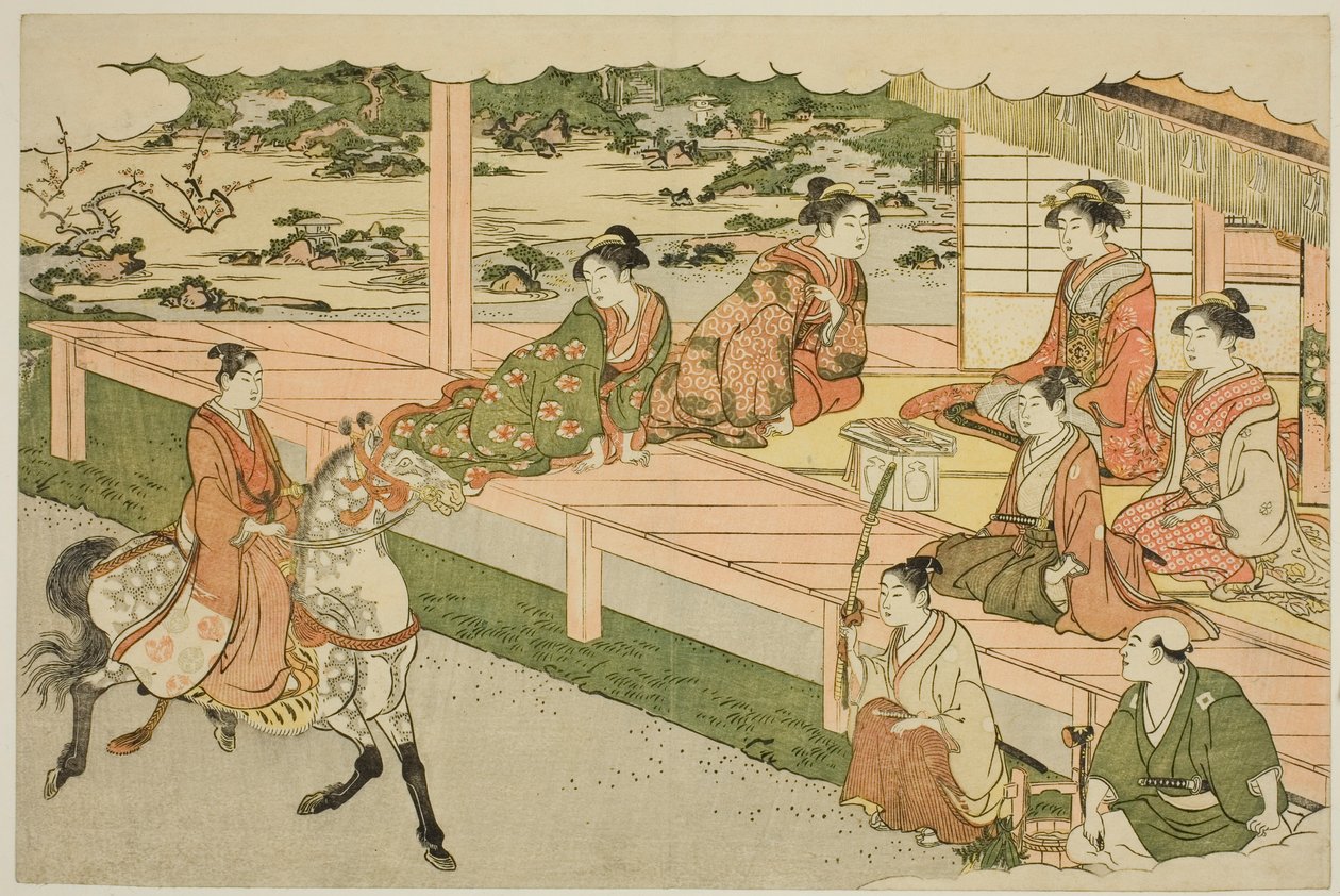 Uuden vuoden ensimmäinen ratsastus (Uma norizome), kuvitetusta kirjasta "Kolmioaamunkoiton värit (Saishiki mitsu no asa)" tekijältä Torii Kiyonaga