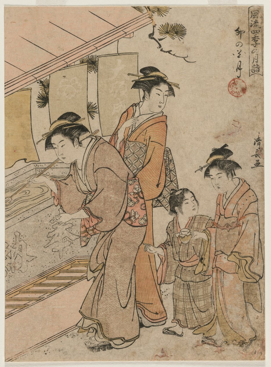 Neljäs kuukausi (sarjasta Fashionable Monthly Visits to Temples in the Four Seasons) tekijältä Torii Kiyonaga