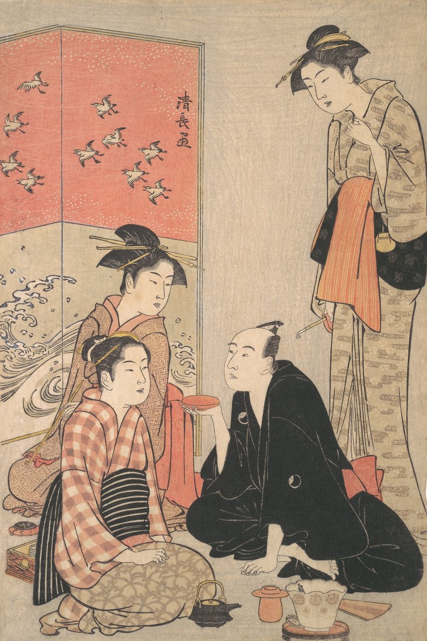 Kabuki-näyttelijä Sawamura Sojuro III ja kurtisaanit, n. 1783-84. tekijältä Torii Kiyonaga