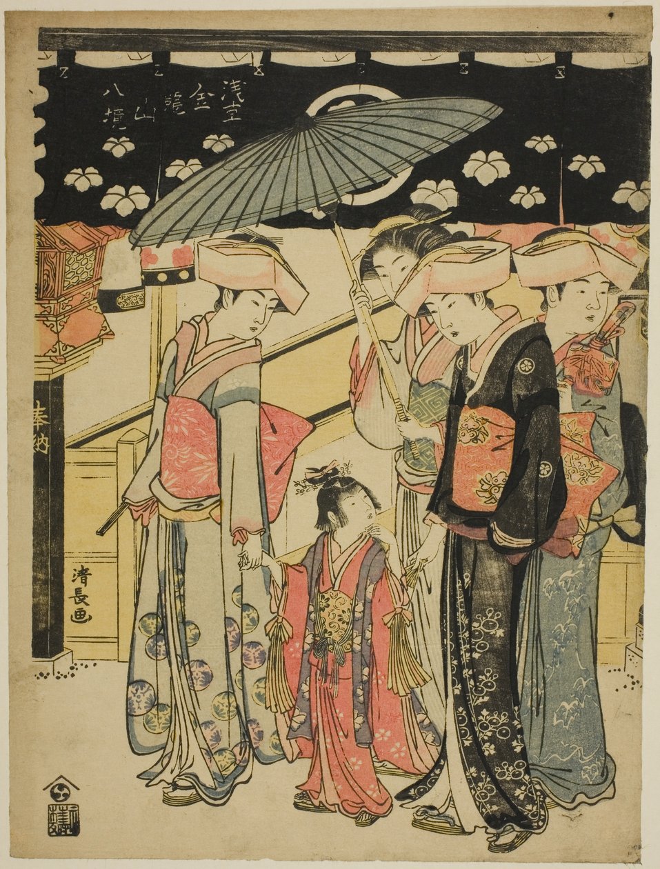 Nakamise-ostoskatu sarjasta "Kinryuzanin temppelin kahdeksan aluetta Asakusassa (Asakusa Kinryuzan hakkei)" tekijältä Torii Kiyonaga