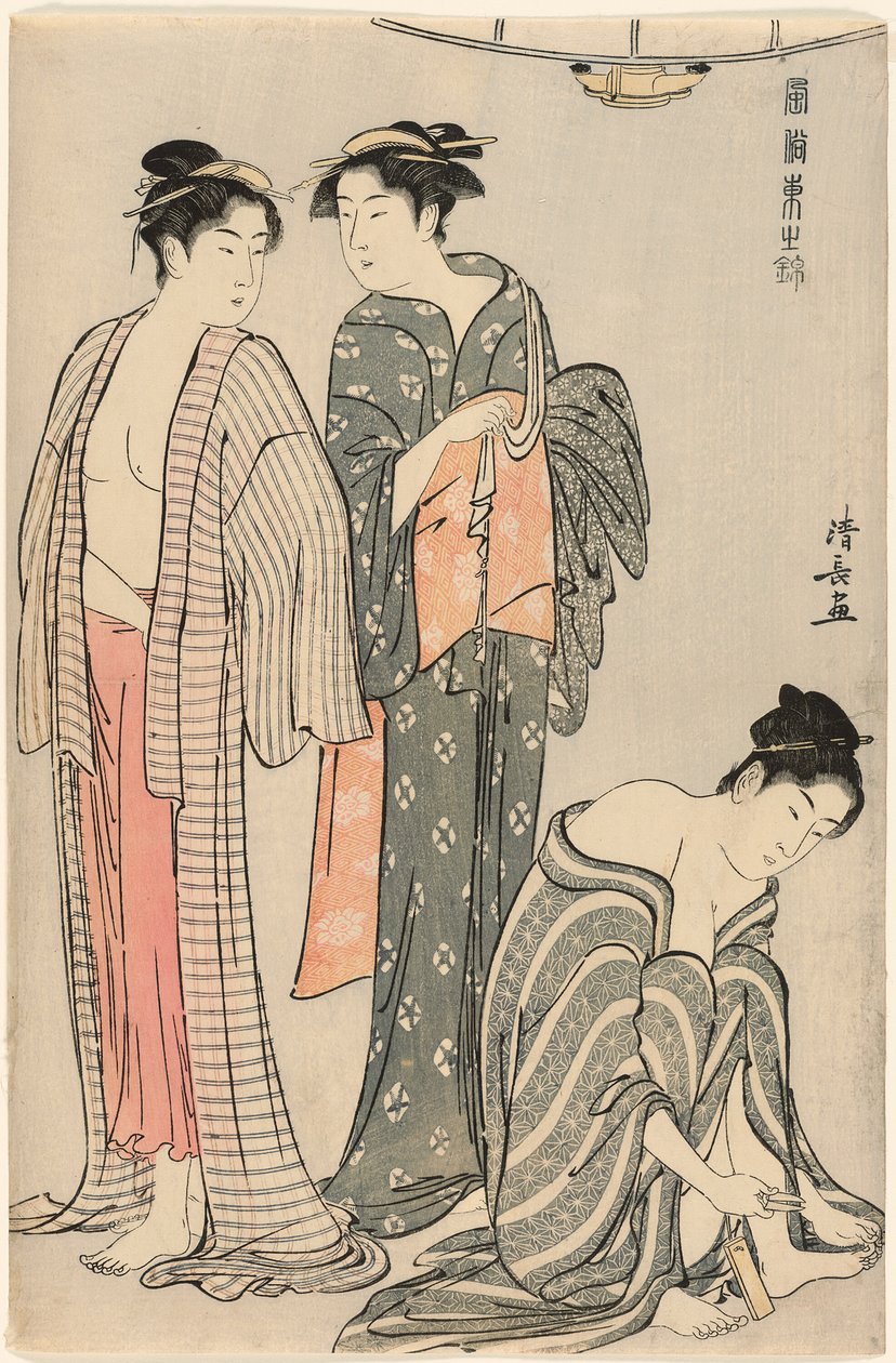 Kolme naista kylvyn jälkeen sarjasta "A Brocade of Eastern Manners (Fuzoku Azuma no nishiki)" tekijältä Torii Kiyonaga