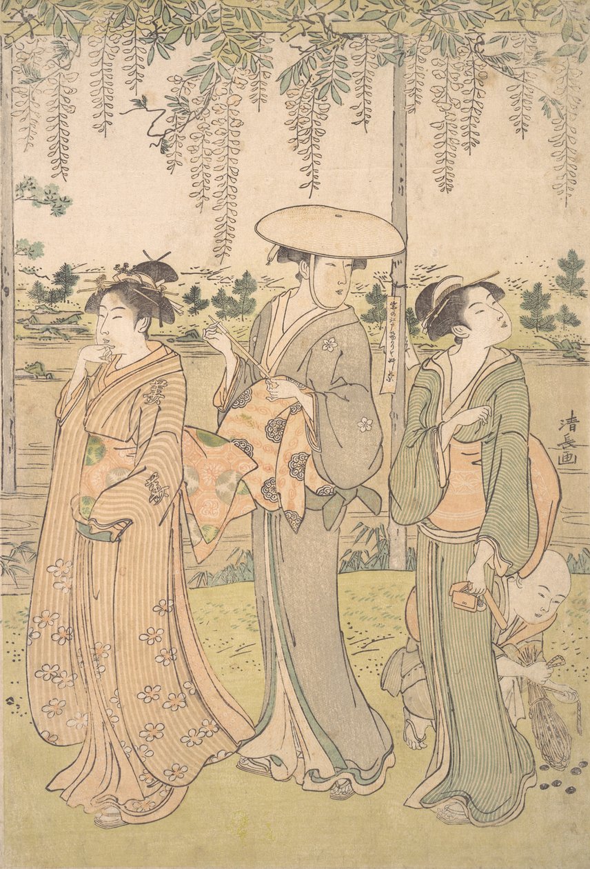 Kolme naista ja pieni poika Wisteria Arborin alla puron rannalla, n. 1790. tekijältä Torii Kiyonaga