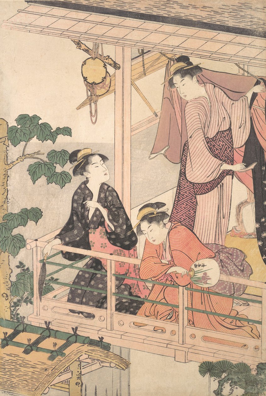 Kolme naista parvekkeella, n. 1786. tekijältä Torii Kiyonaga