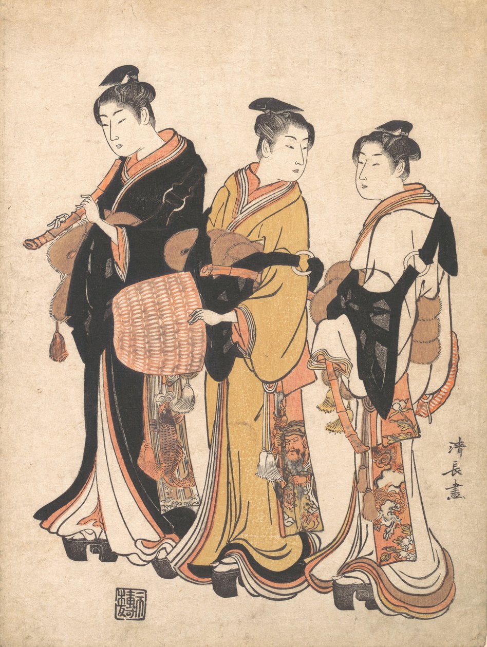 Kolme nuorta naista naamioitumassa Komuso Strolling Minstreliksi, n. 1778. tekijältä Torii Kiyonaga