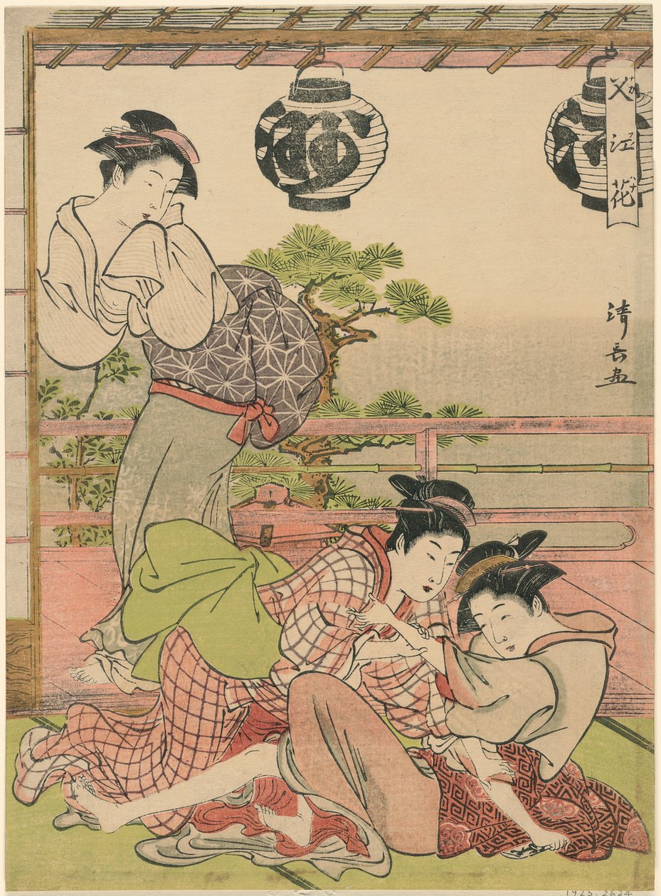 Kaksi geishaa kamppailee kirjeestä (Fumi no arasoi), sarjasta "Nakasun kukat (Nakasu no hana)" tekijältä Torii Kiyonaga