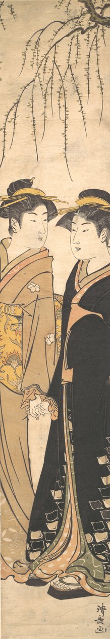 Kaksi pitkää nuorta naista kävelemässä käsi kädessä, n. 1785. tekijältä Torii Kiyonaga