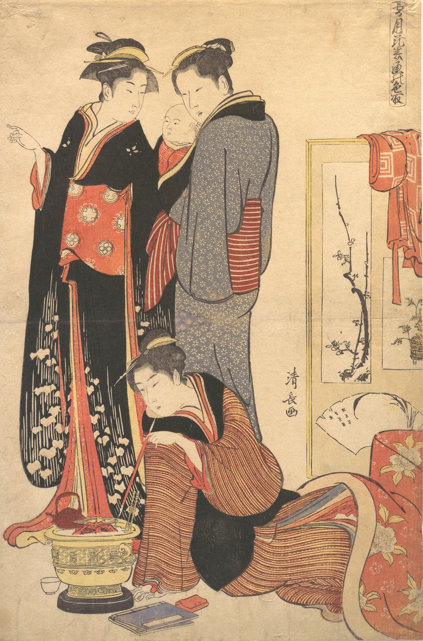 Kaksi naista seisomassa, pitelemässä lasta, n. 1785. tekijältä Torii Kiyonaga
