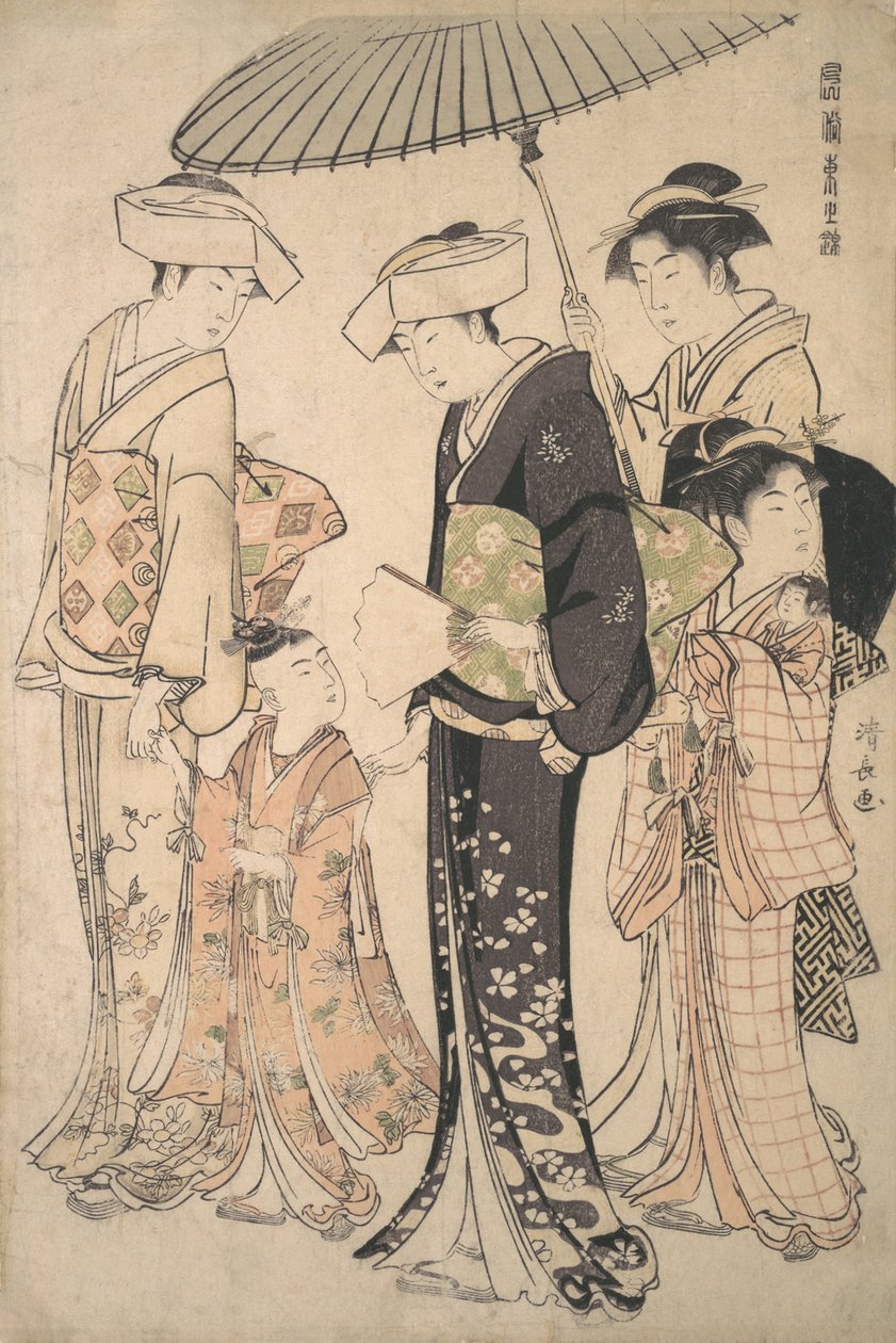Kaksi naista kesäasuissa viemässä nuoren tytön shintotemppeliin Miya Mairiin..., n. 1783. tekijältä Torii Kiyonaga