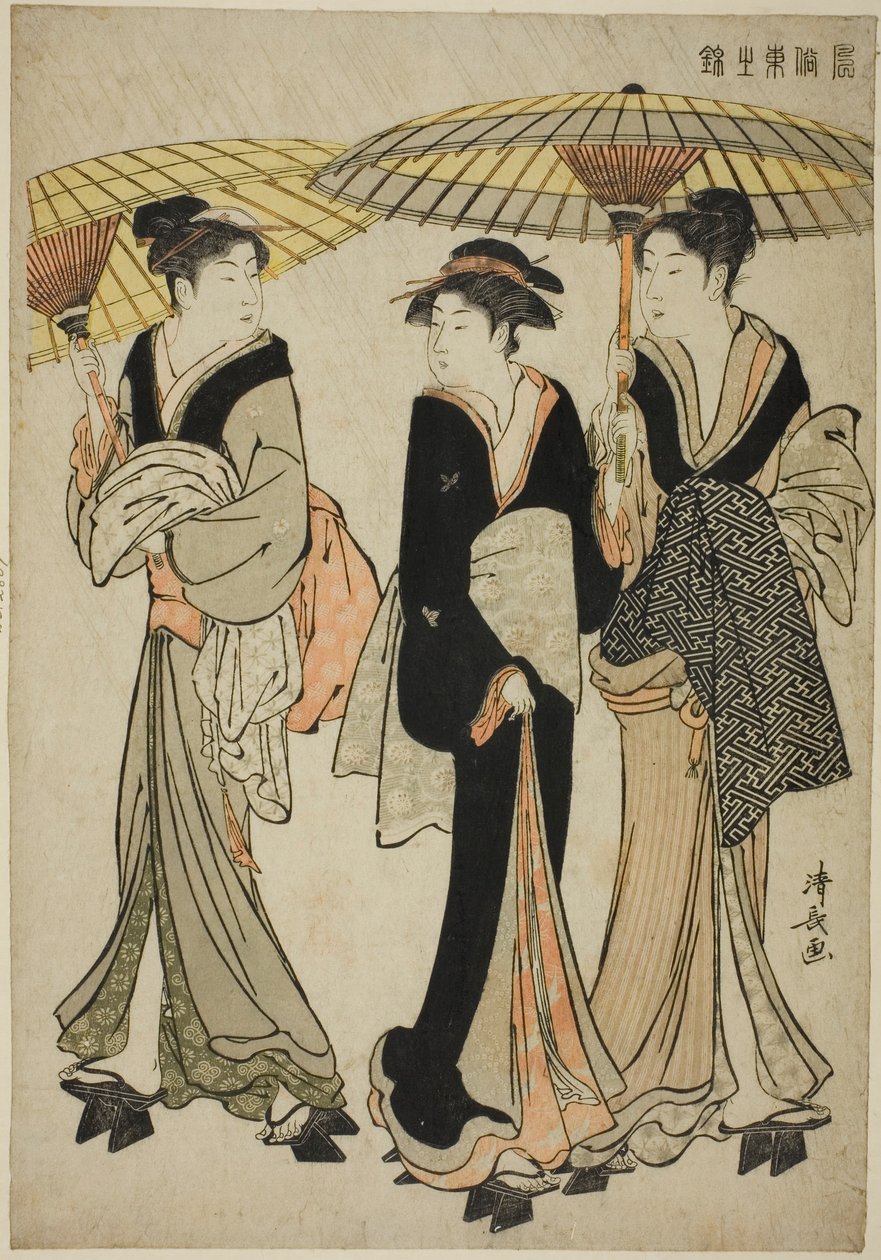 Sateenvarjoja suihkussa sarjasta "A Brocade of Eastern Manners (Fuzoku Azuma no nishiki)" tekijältä Torii Kiyonaga