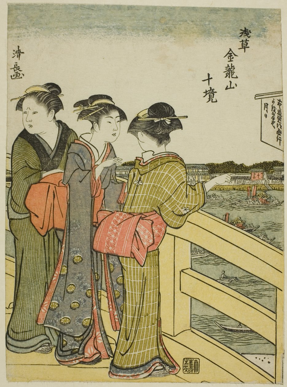 Näkymä Azuman sillalta, sarjasta "Kinryuzanin temppelin kymmenen aluetta Asakusassa (Asakusa Kinruzan jikkei)" tekijältä Torii Kiyonaga