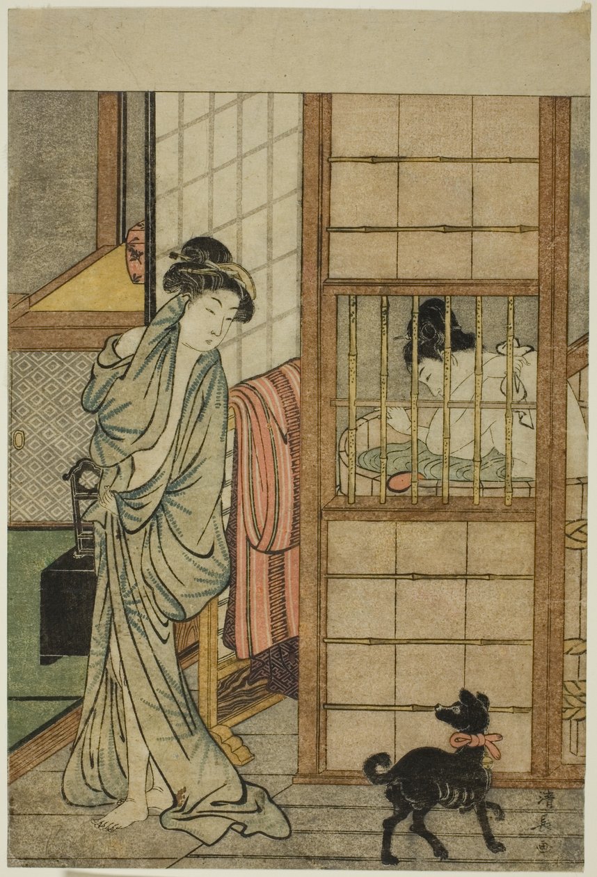 Woman After a Bath, teoksesta "Vertailu viehättävien kaunokaisiin (Irokurabe enpu sugata)" tekijältä Torii Kiyonaga