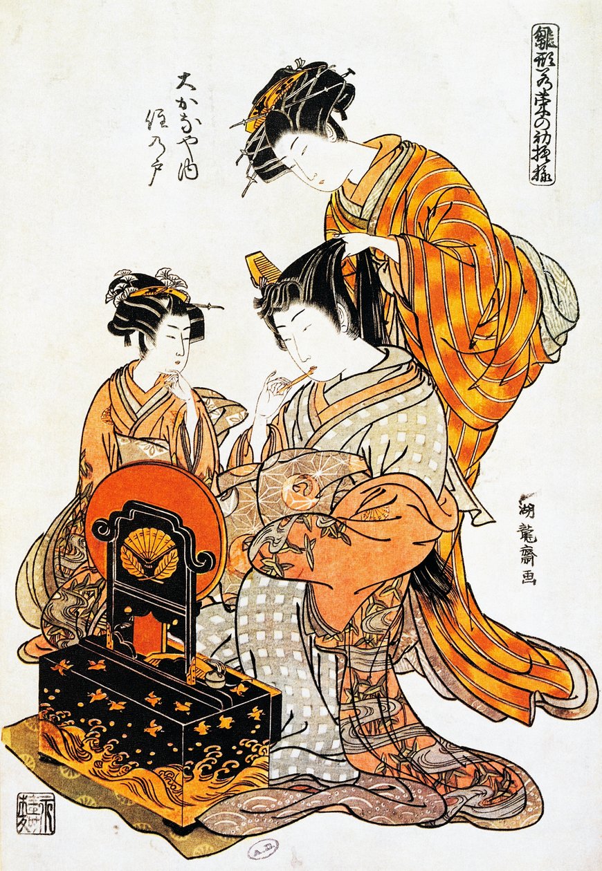Nainen peilin edessä kampaamassa hiuksiaan, Torii Kiyonagan (1751-1815) ukiyo-e-taideprintti, puupiirros, japanilainen sivilisaatio, Edo-kausi tekijältä Torii Kiyonaga
