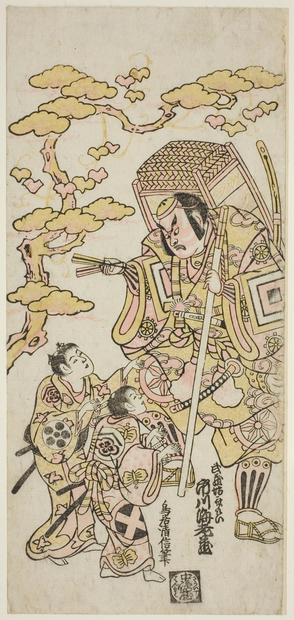 Näyttelijät Ichikawa Ebizo II Musashibo Benkeina, Sakata Shintaro (?) Soga no Gorona ja Takigawa Kinya (?) Soga no Jurona näytelmässä "Sazareishi Suehiro Genji", joka esitettiin Nakamura-teatterissa ensimmäisen kuukauden aikana vuonna 1744. tekijältä Torii Kiyonobu II