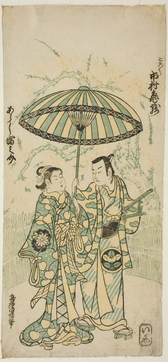 Näyttelijät Ichimura Kamezo I Kanto Korokuna ja Arashi Tominosuke I Hayasakina näytelmässä "Hokazo Yunzei Hachinoki", joka esitettiin Ichimura-teatterissa 11. kuussa 1748. tekijältä Torii Kiyonobu II