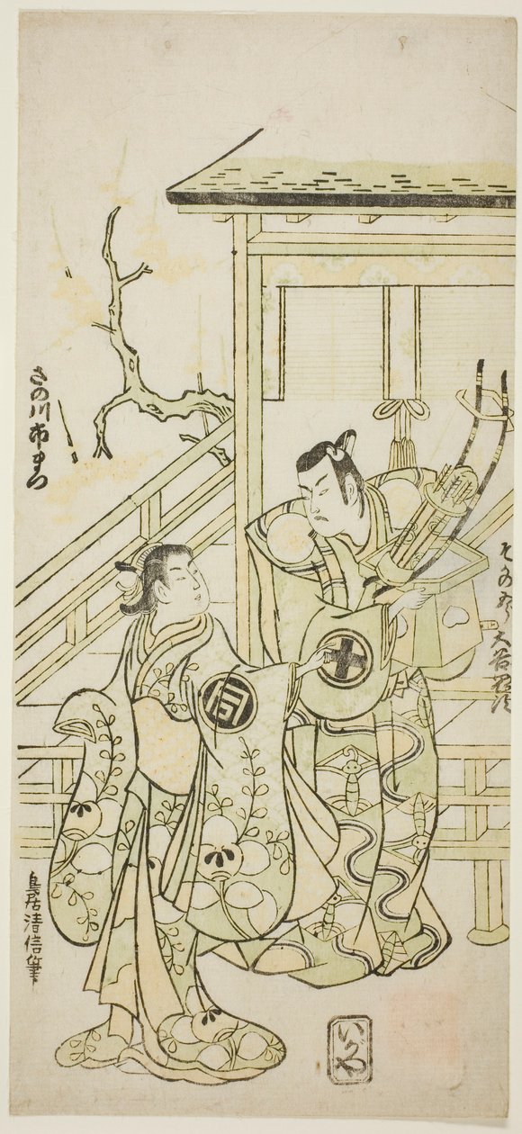 Näyttelijät Otani Oniji I Soga no Gorona ja Sanogawa Ichimatsu I Yoshinakan sisarena näytelmässä "Fuji no Yuki Mitsugi Soga", joka esitettiin Nakamura-teatterissa ensimmäisen kuukauden aikana, 1746. tekijältä Torii Kiyonobu II