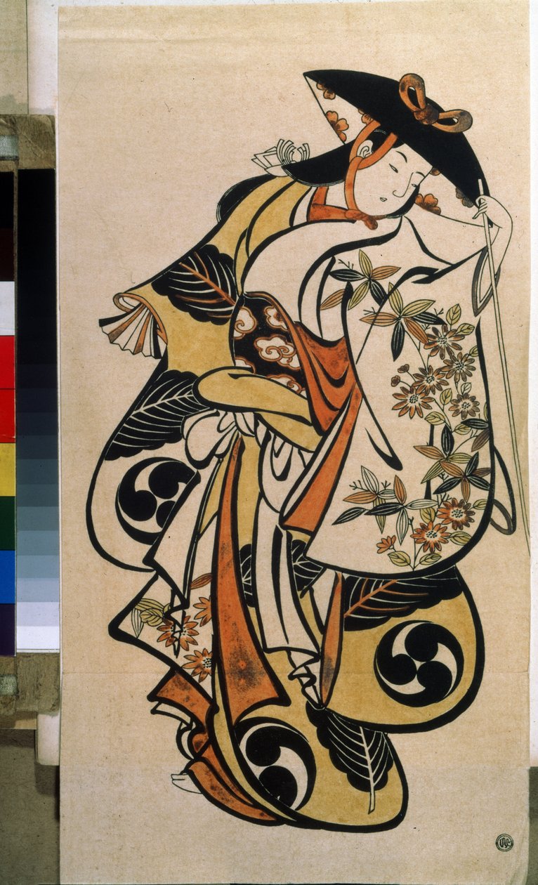 Miesnäyttelijä näyttelee naista. Painos Torii Kiyonobu vanhin (1664-1729) tekijältä Torii Kiyonobu I
