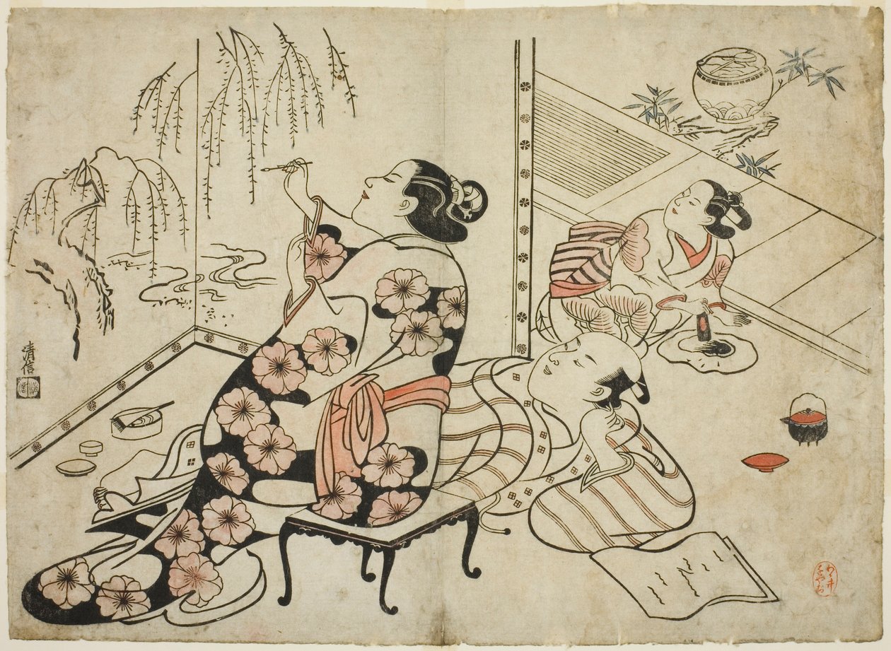 Courtesan Painting a Screen, 12 eroottisen vedoksen sarjasta tekijältä Torii Kiyonobu I