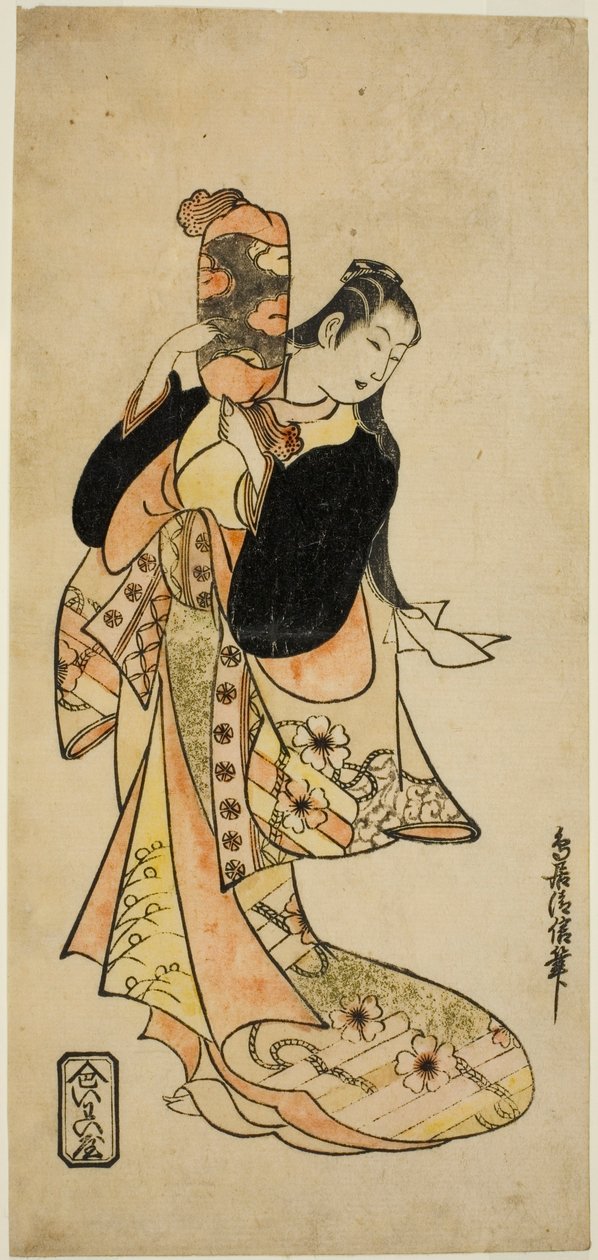 Näyttelijä Ichikawa Monnosuke I Oiso no Toran roolissa näytelmässä "Nigiwai Suehiro Soga", joka esitettiin Morita-teatterissa ensimmäisenä kuukautena 1721 (?) tekijältä Torii Kiyonobu I