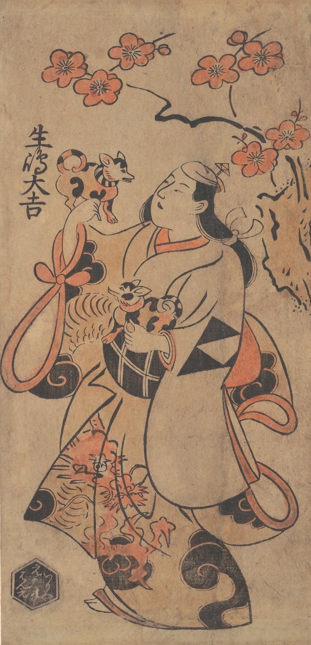 Näyttelijä Ikushima Daikichi naisena seisovana Ume-puun alla, n. 1705. tekijältä Torii Kiyonobu I