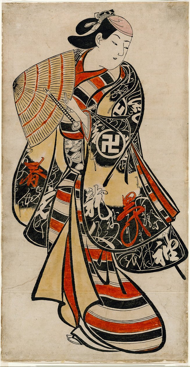 Näyttelijä Takii Hannosuke naisellisena nuorukaisena, noin 1707 (käsin värjätty puupiirros; tan-e, pystysuora o-oban). tekijältä Torii Kiyonobu I