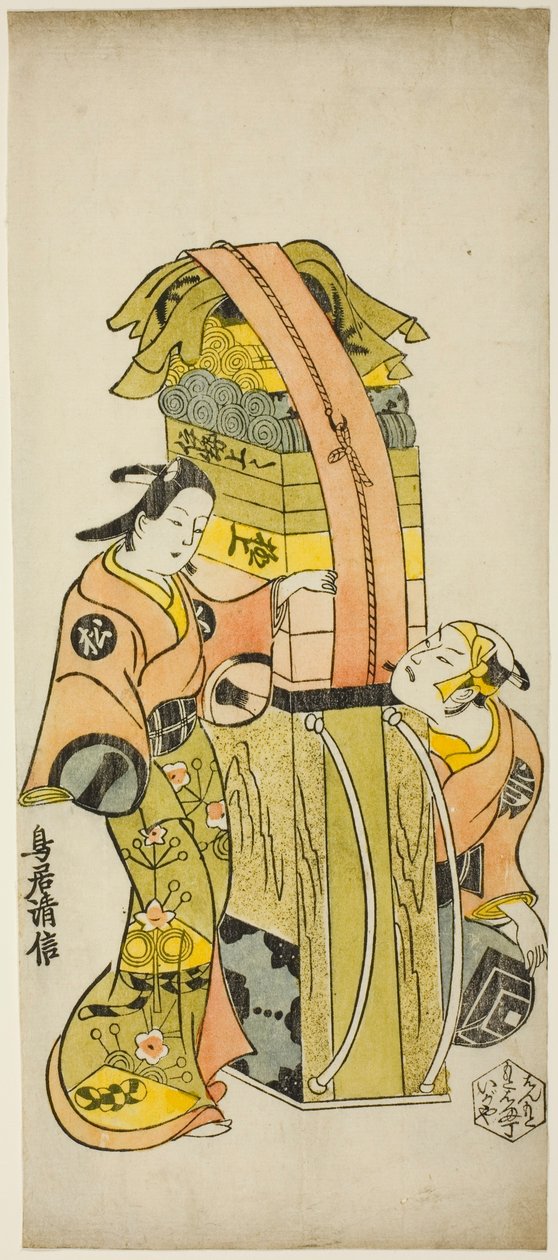 Näyttelijät Ichikawa Danjuro II Kamada Matahachina ja Ichikawa Monnosuke I Hisamatsuna näytelmässä "Osome Hisamatsu Shinju Tamoto no Shirashibori", esitettiin Morita-teatterissa, 1720 tekijältä Torii Kiyonobu I