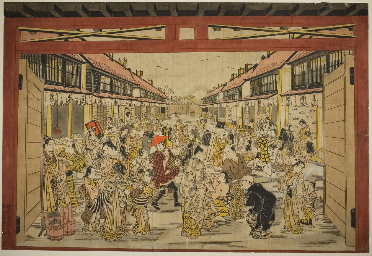 Uuden Yoshiwaran pääportti, n.1745 (käsin värjätty puupiirros; toku-oban yoko-e, beni-e). tekijältä Torii Kiyotada