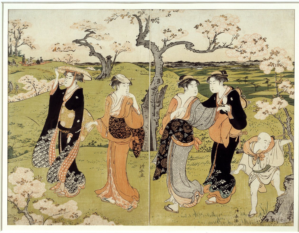 Piknik kirsikankukkien alla Assaakayamassa. Japanilainen printti Torii Kiyonaga (1752-1815), Ukiyo-E tyyli tekijältä Torii Kuyonaga