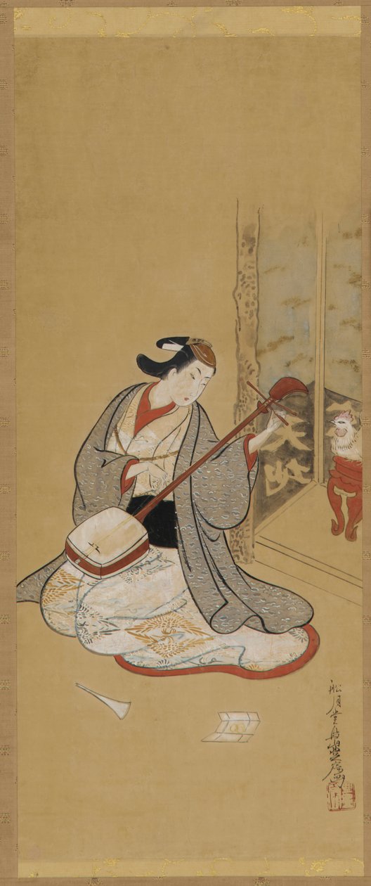 Näyttelijä naispuvussa samisen nauhalla, Edo-kausi, 1700-luvun puoliväli. tekijältä Toriyama Sekien