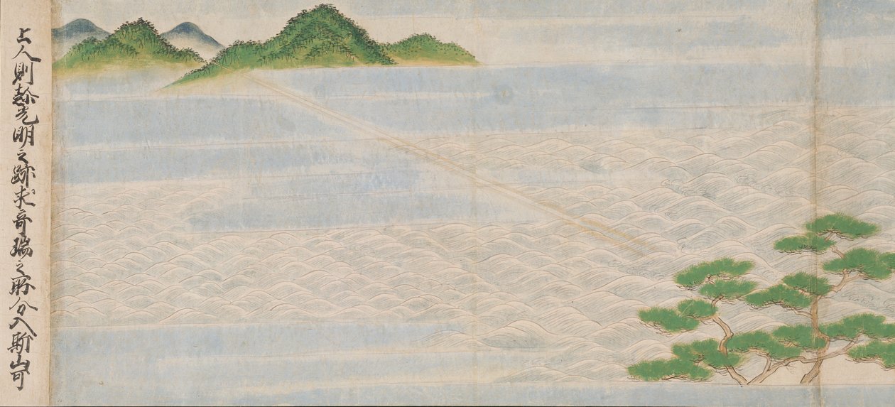 Kuvitus buddhalaisen temppelin perustamisesta, Tsukiminedera, Muromachi-kausi, 1495 (muste, väri ja kulta paperille) tekijältä Mitsuyoshi Tosa