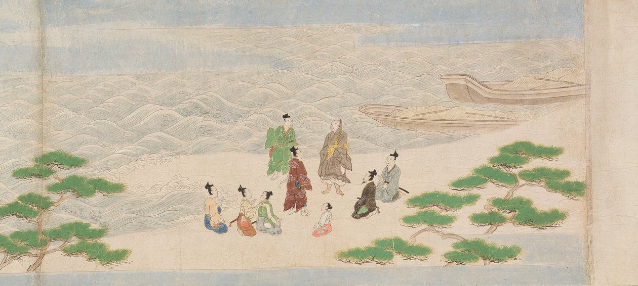 Kuvitus buddhalaisen temppelin perustamisesta, Tsukiminedera, Muromachi-kausi, 1495 (muste, väri ja kulta paperille) tekijältä Mitsuyoshi Tosa