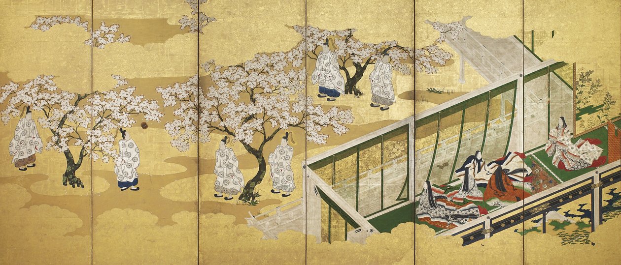 The Tale of Genji, luku 34; Kashiwagi näkee kolmannen prinsessan, Edon kauden (mustetta, väriä ja kultaa paperilla) tekijältä Tosa Mitsuoki
