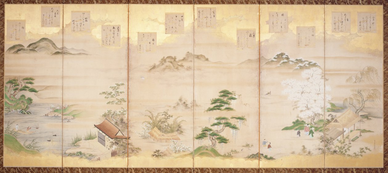 Tela de seis painéis com pássaros e flores dos doze meses (tinta, cor e folha de ouro sobre papel) finlandesa tekijältä Tosa Mitsunari