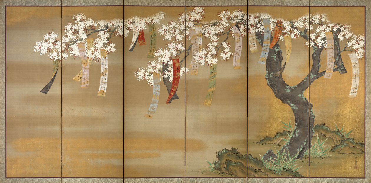Kukkivat kirsikka- ja syysvaahterat runolipukkeilla, 1654-81 tekijältä Tosa Mitsuoki