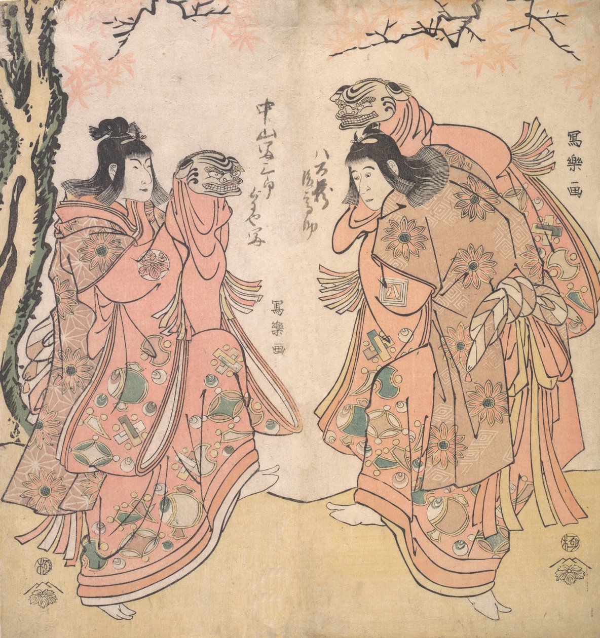 Näyttelijä Ichikawa Yaozo III kurtisaanien avustajana, 1794-95, 1794-95. tekijältä Toshusai Sharaku