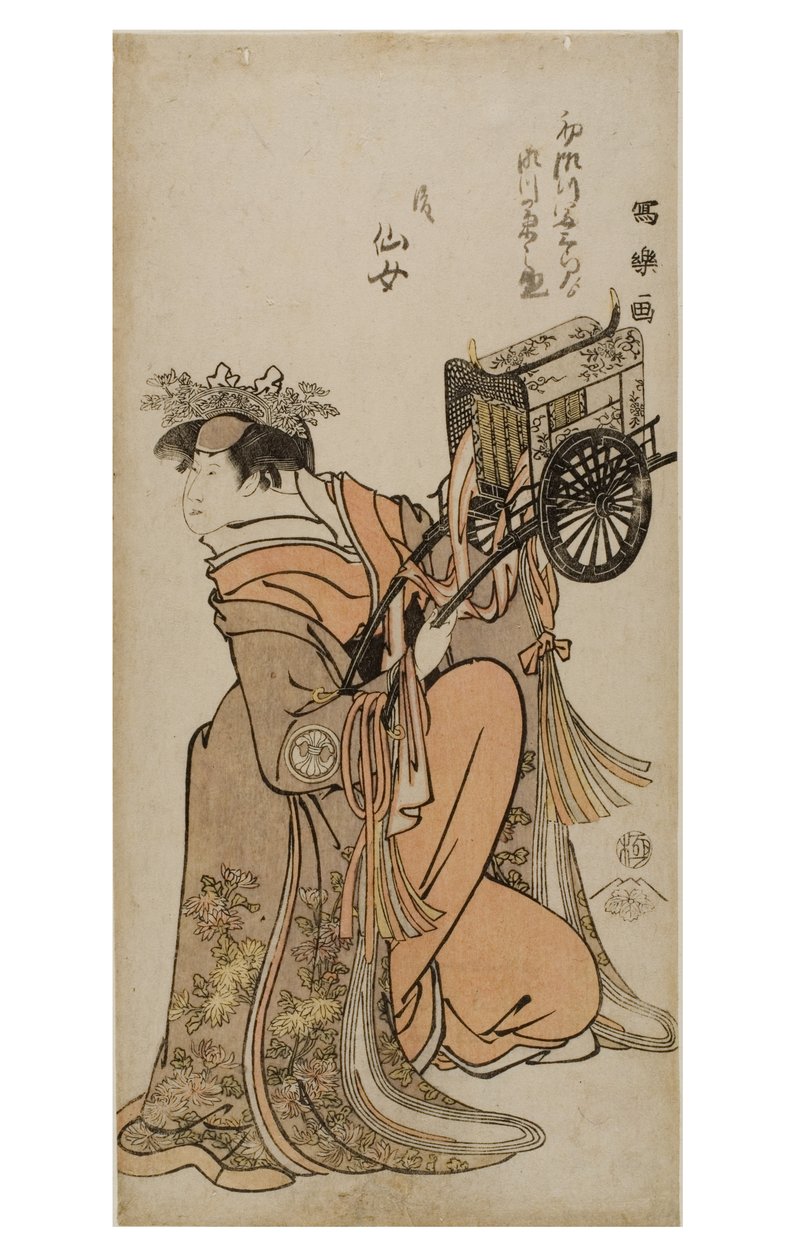 Kabuki-näyttelijä Segwa Kikunojo III naisroolissa (onnagata), n.1794-1795 (puupalikka paperilla) tekijältä Toshusai Sharaku