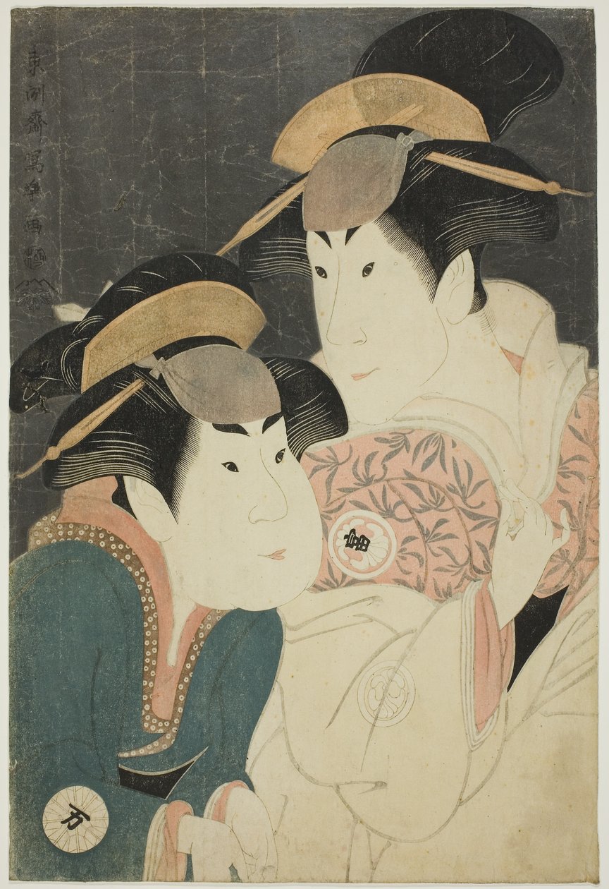 Näyttelijät Segawa Tomisaburo II (oik.) Ogishi Kurandon vaimona Yadorigina ja Nakamura Manyo (vas.) palvelija Wakakusana. tekijältä Toshusai Sharaku