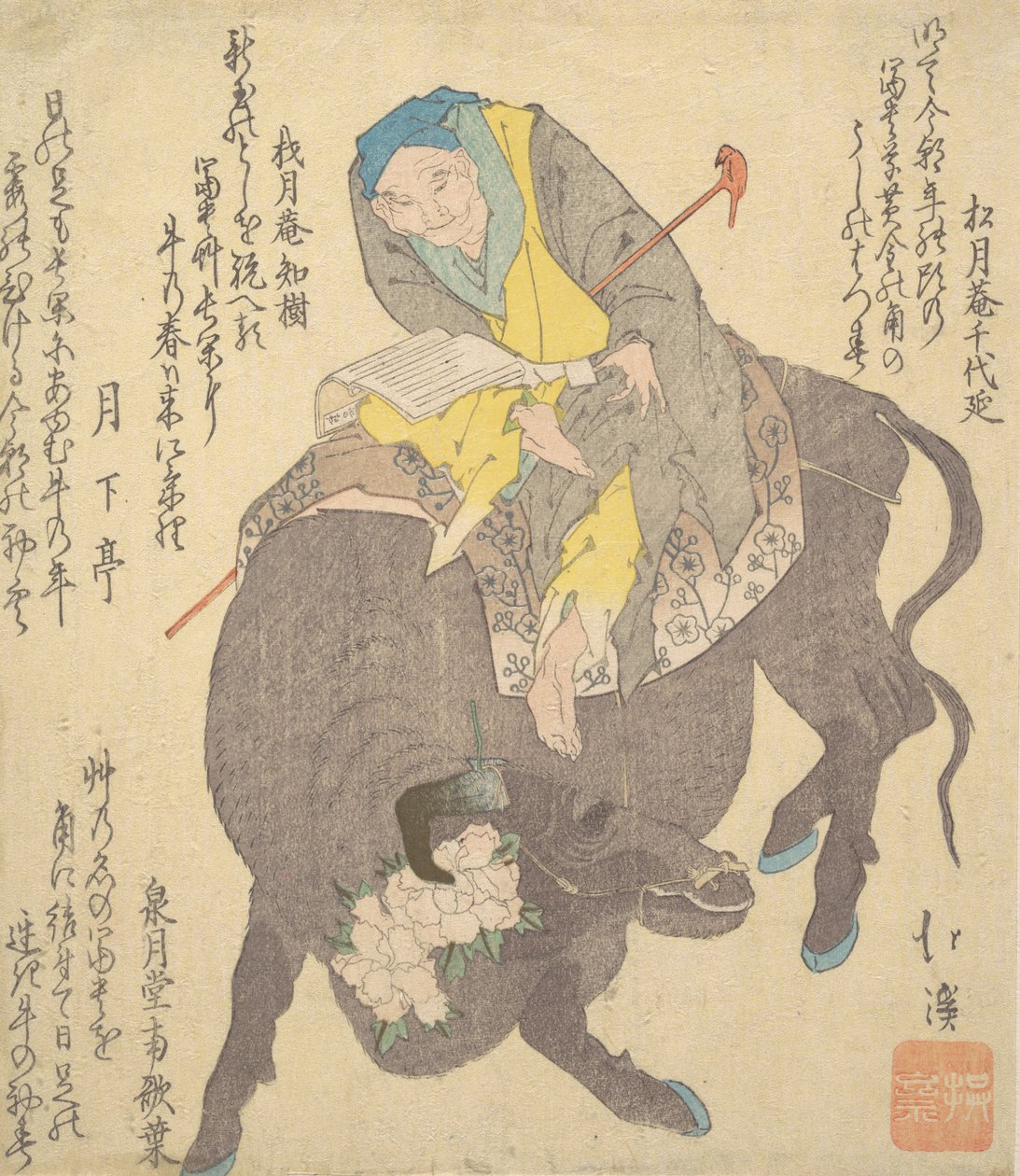 Kiinalainen salvia lukee puhvelilla ratsastaessa, n. 1820. tekijältä Totoya Hokkei