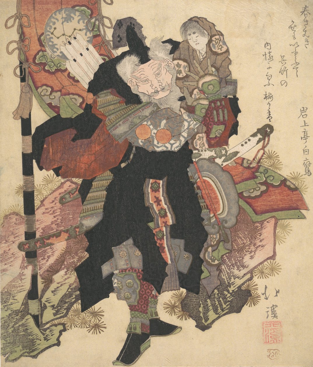 Guerrer xinès que porta un nen a les espatlles, ca. 1825. finlandès tekijältä Totoya Hokkei
