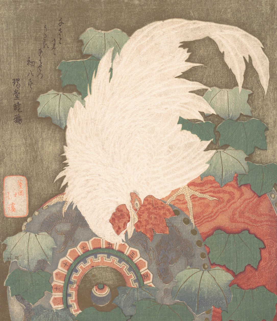 Kukko rummulla, n. 1825. tekijältä Totoya Hokkei
