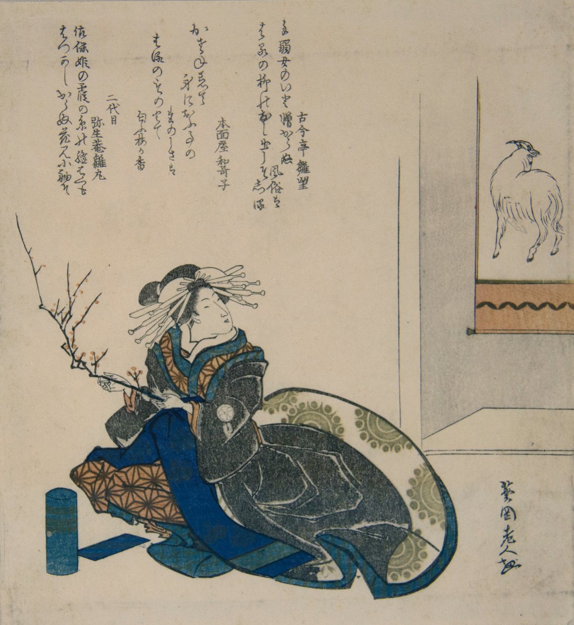 Kurtesaani luumunkukkien oksalla, 1835, 1835. tekijältä Totoya Hokkei