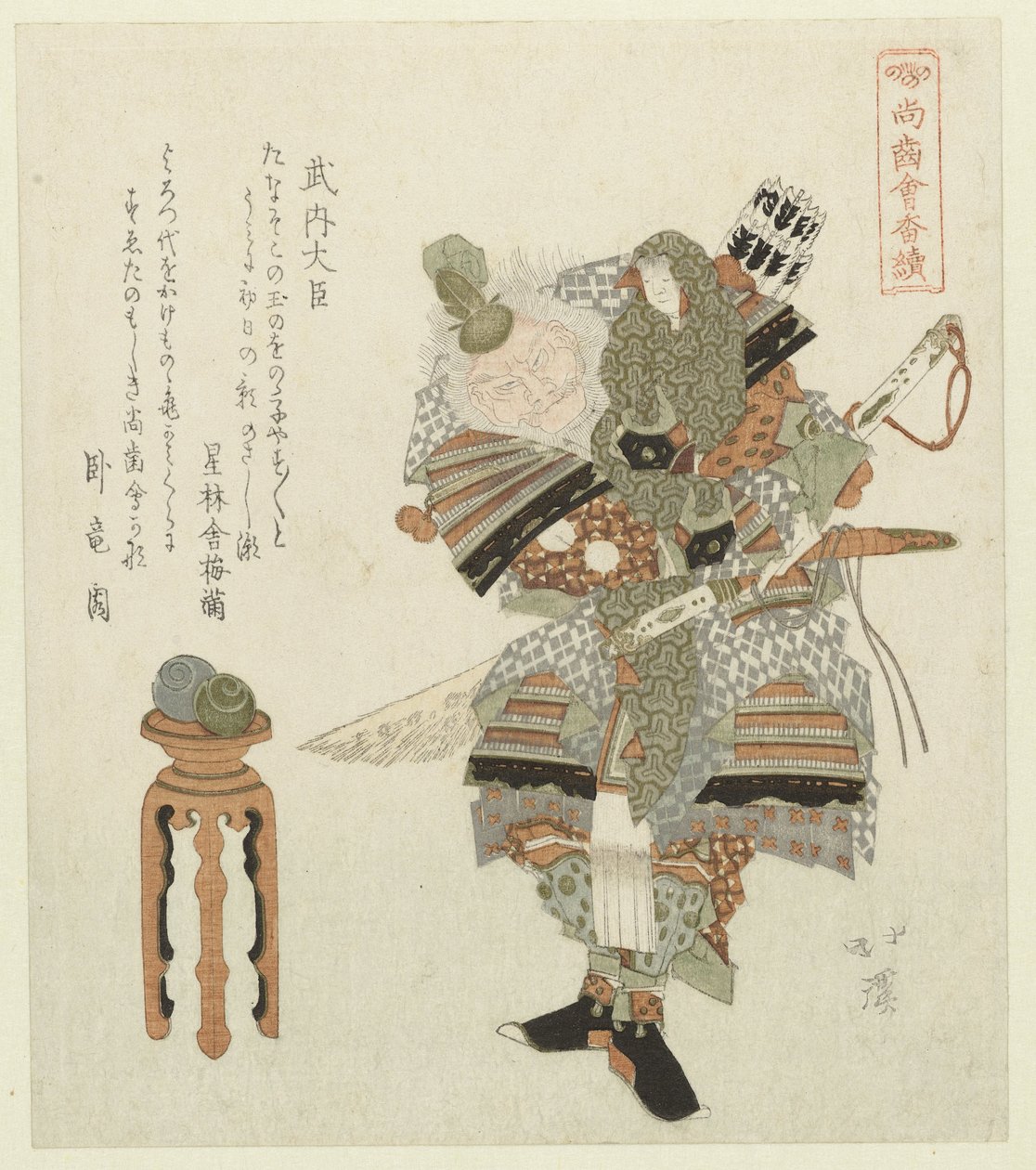 Regent Takeuchi no Sukune Takeuchi daijin (otsikko esineessä) Sarja niistä, joilla on vielä hampaat (sarjan nimi) Shoshikai bantsuzuki (sarjan nimi esineellä) tekijältä Totoya Hokkei