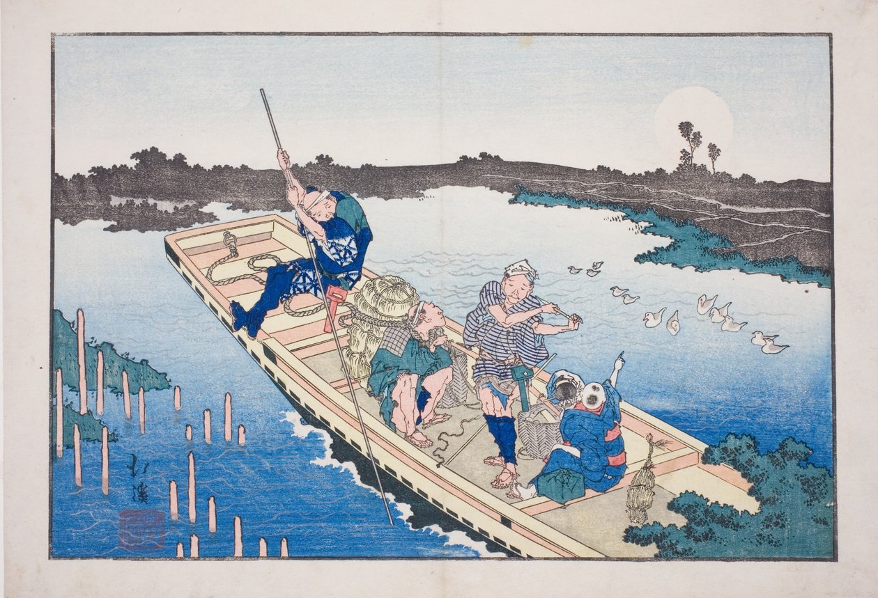 Sumidajoen ylittävä lautta, albumilta "Friends of the Three Capitals (Santo no tomoe)" tekijältä Totoya Hokkei