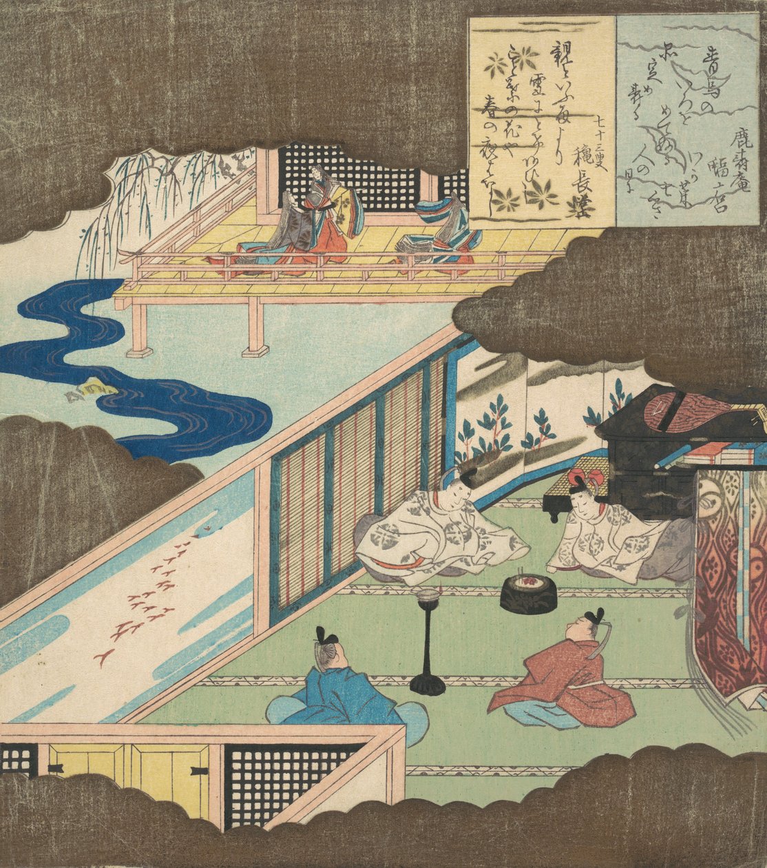 Palatsin sisätilat, joissa aateliset keskustelevat, n. 1820. tekijältä Totoya Hokkei