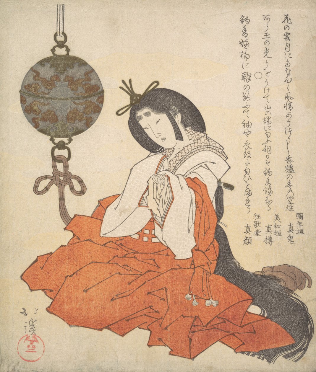 Kanjo Court Lady istuu ja Tsurikoro roikkuu lähellä päätään, n. 1825. tekijältä Totoya Hokkei