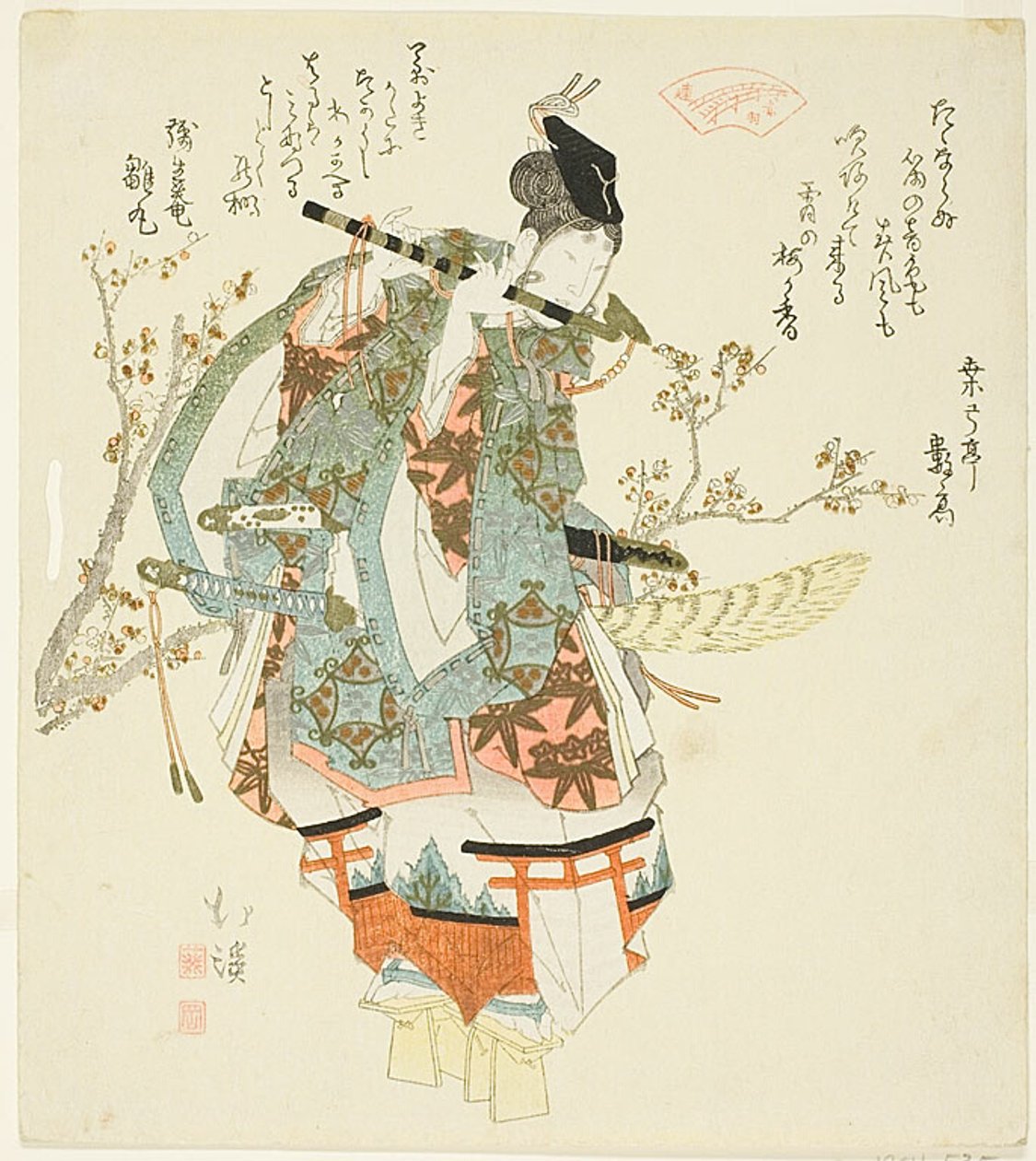 Minamoto no Yoshitsune (Ushiwaka Maru) soittaa huilua tekijältä Totoya Hokkei