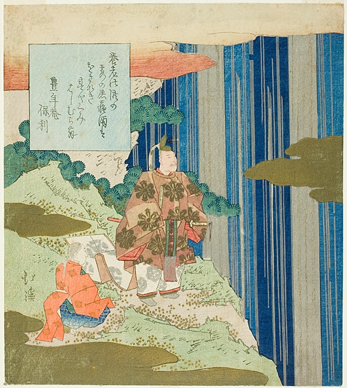 Narihira Nunobikin vesiputouksella, Tales of Ise -sarjan jaksosta 87. tekijältä Totoya Hokkei