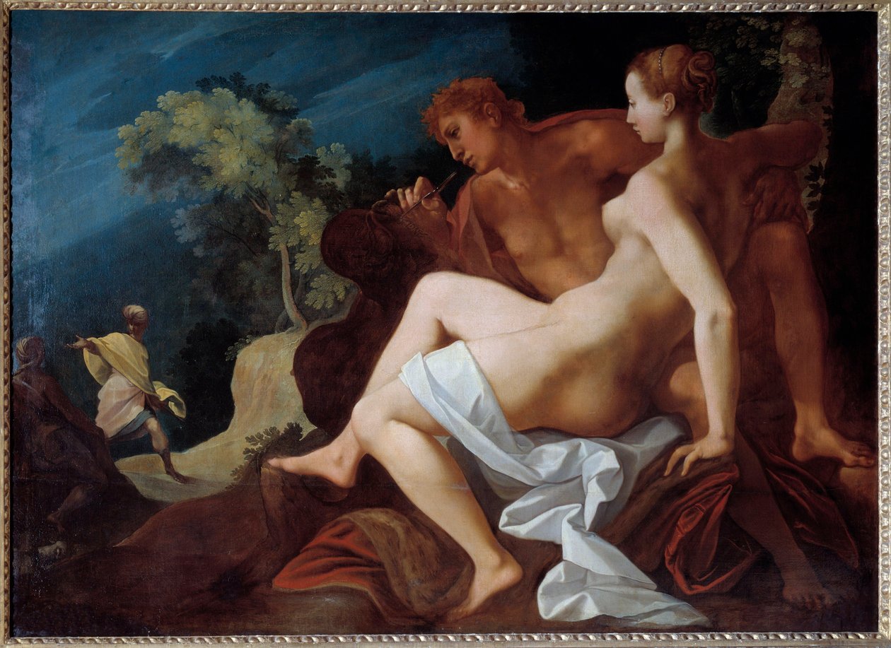 Angelique et Medor Kuvitus "" Le Roland Furieux" (Orlando Furioso), Ludovic Ariosto (Arioste) edustaa Medoria (Medoro) ja kaiverruttaa Angeliquen (Angelica) nimi, jonka kanssa hän juuri liittyi, kalliolle - Alareunassa , Roland saapuu, co tekijältä Toussaint Dubreuil