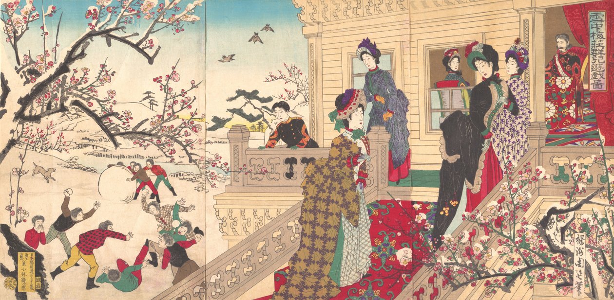 Lapset leikkivät lumessa luumupuiden alla Bloomissa, 1887 (puupainatus) tekijältä Toyohara Chikanobu